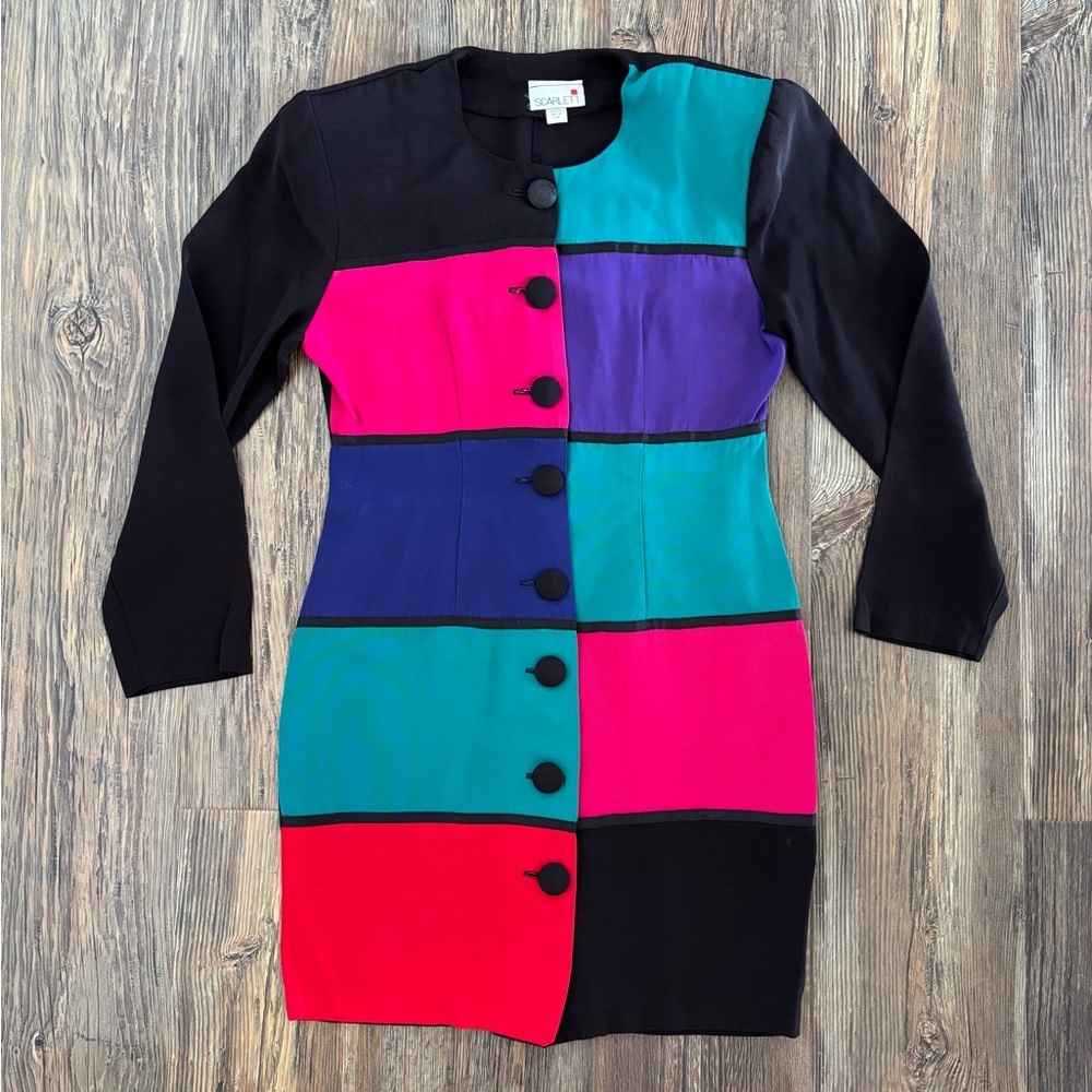 Vtg Scarlett L/S Colorblock Bodycon Dress 7/8 Colorful Button Front 90s Retro